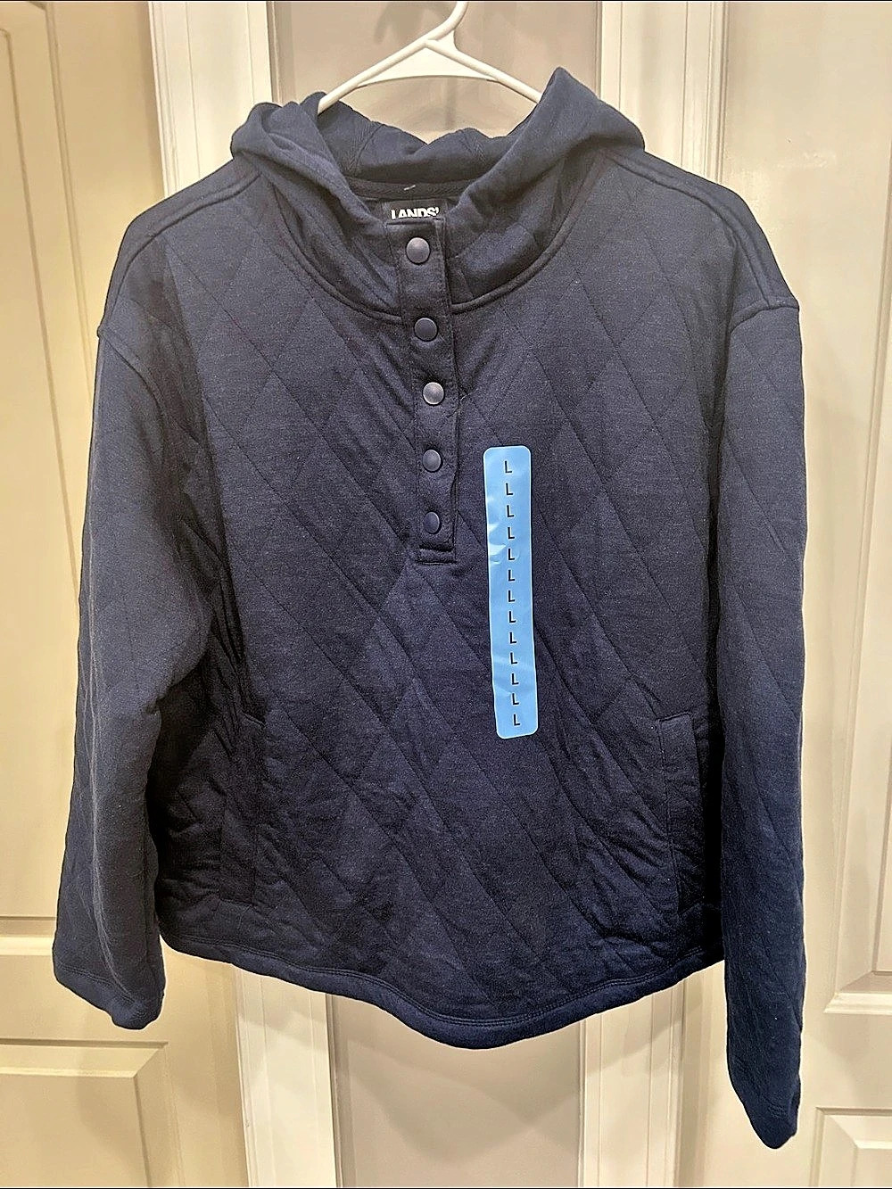 Lands' End Women's Quilted Hoodie Quilted Hooded Pullover Blue Large